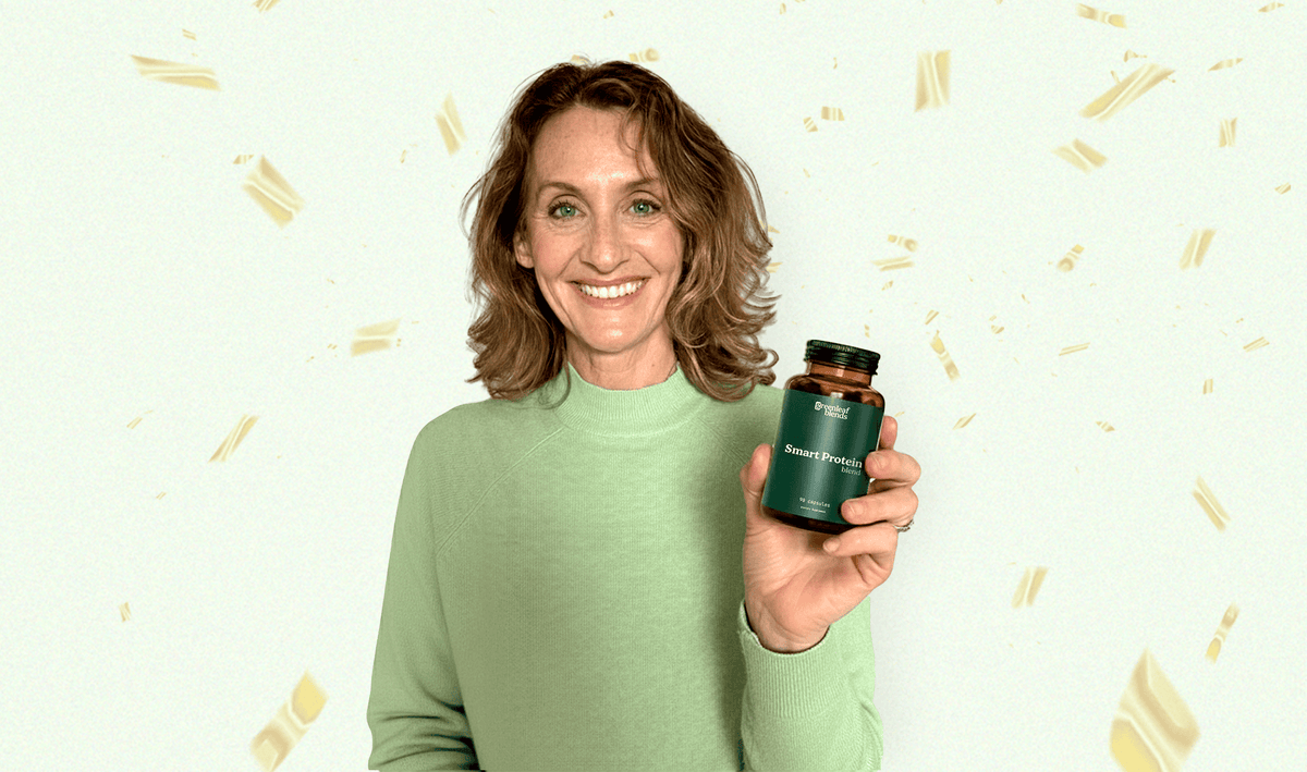 Greenleaf brand photograph of a woman holding a supplement bottle
